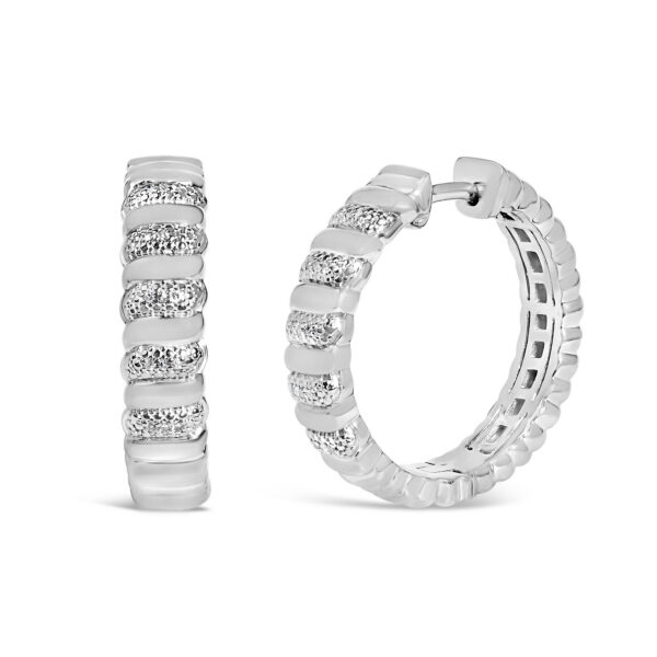 Sterling Silver 1/10 Cttw Round Diamond Pavé Ribbed Hoop Earrings - alternate view 2