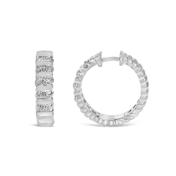 Sterling Silver 1/10 Cttw Round Diamond Pavé Ribbed Hoop Earrings - alternate view 3