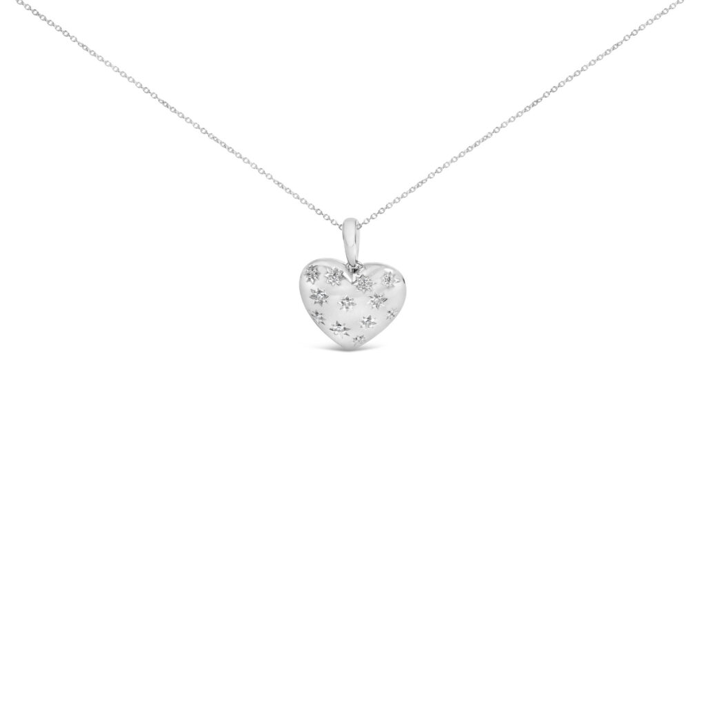 Sterling Silver Diamond Accent Heart Pendant Necklace with Starburst Motifs
