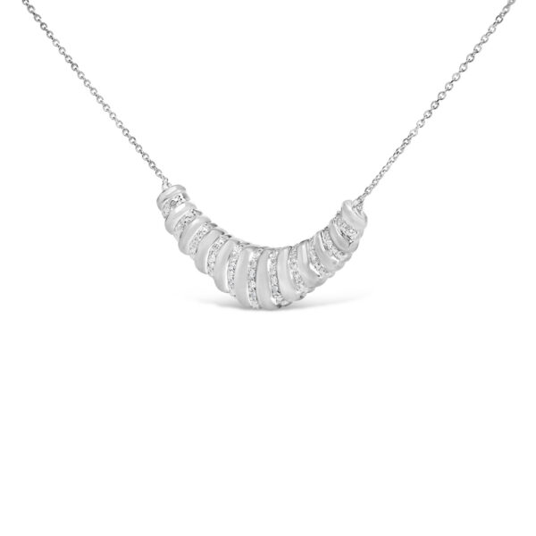Sterling Silver 1/10 Cttw Round Diamond Pavé Ribbed Curved Bar Pendant Necklace - alternate view 3