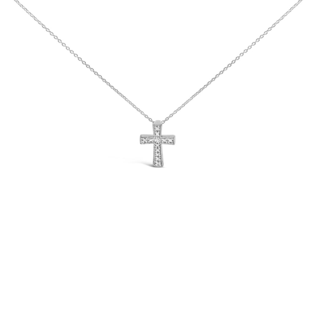Sterling Silver Round Diamond Accent Milgrain Cross Pendant Necklace