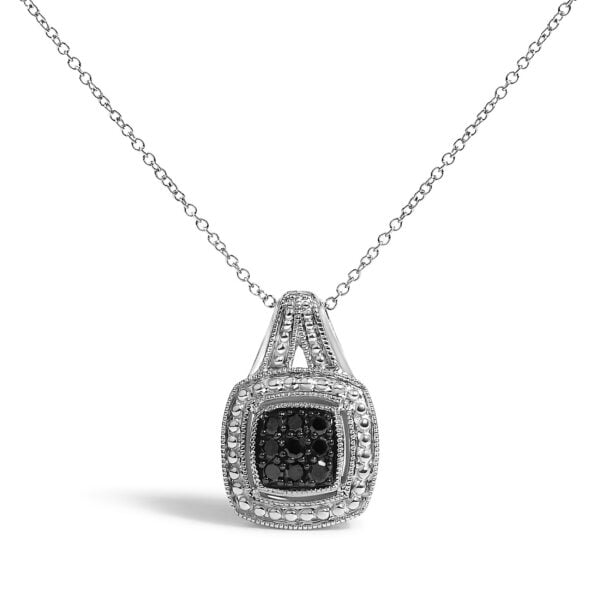 Sterling Silver 1/5 Cttw Black Diamond Square Cluster Pendant Necklace with Milgrain Frame