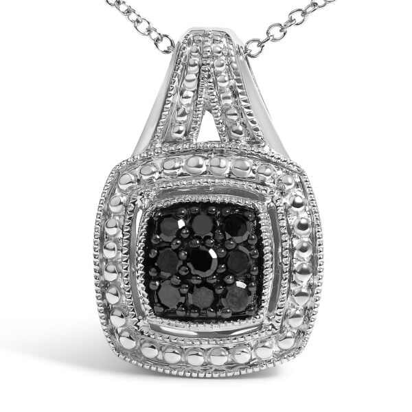 Sterling Silver 1/5 Cttw Black Diamond Square Cluster Pendant Necklace with Milgrain Frame - alternate view 2
