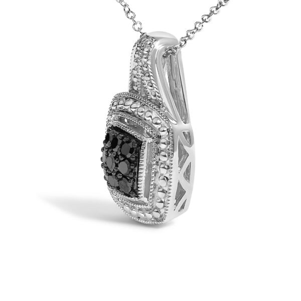 Sterling Silver 1/5 Cttw Black Diamond Square Cluster Pendant Necklace with Milgrain Frame - alternate view 3