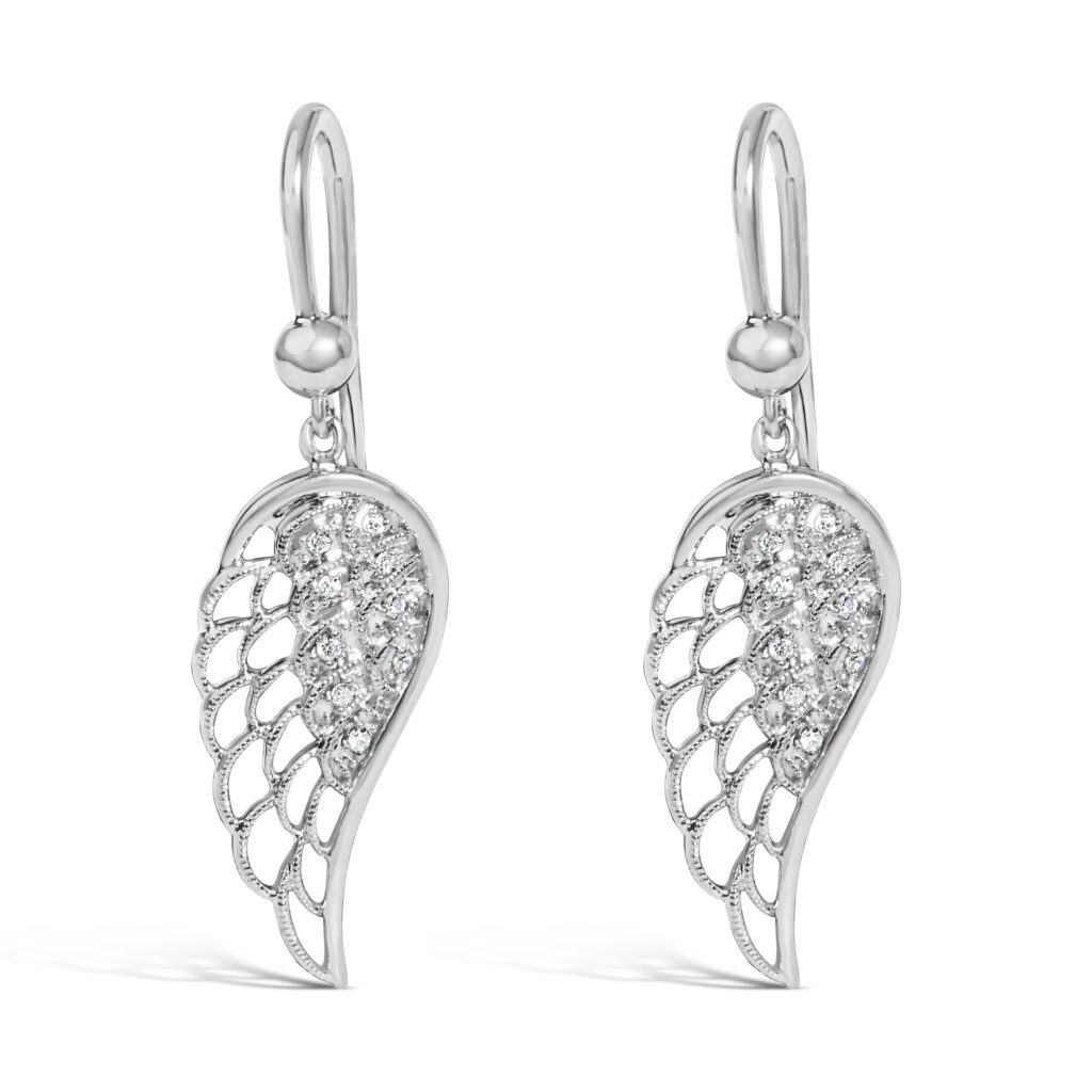 Sterling Silver Diamond Accent Openwork Angel Wing Dangle Earrings