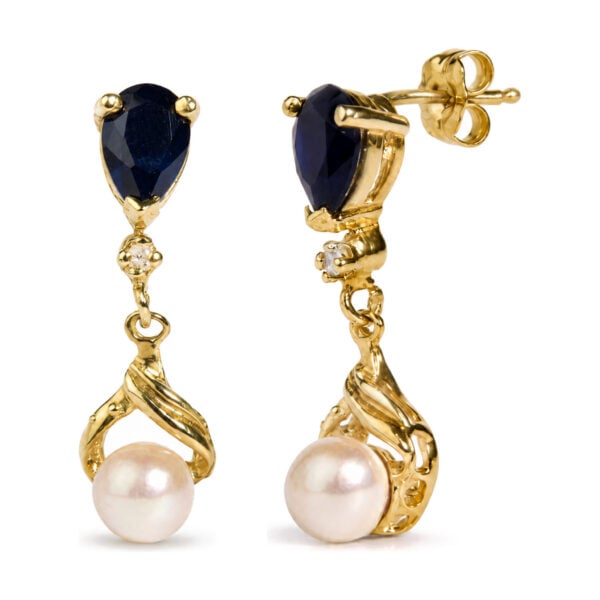 14K Yellow Gold Pearl and Sapphire Twist Drop Earrings with Diamond Accents - alternate view 2