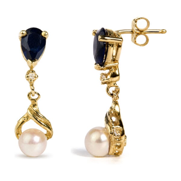 14K Yellow Gold Pearl and Sapphire Twist Drop Earrings with Diamond Accents - alternate view 3