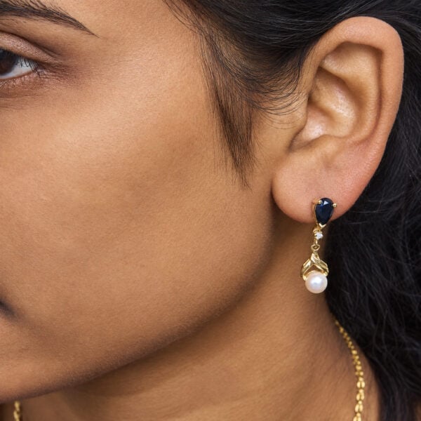 14K Yellow Gold Pearl and Sapphire Twist Drop Earrings with Diamond Accents - alternate view 5