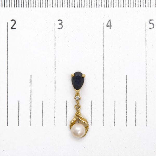 14K Yellow Gold Pearl and Sapphire Twist Drop Earrings with Diamond Accents - alternate view 4