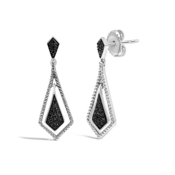 Sterling Silver 1/10 Cttw Black Diamond Beaded Open Kite Dangle Earrings - alternate view 2