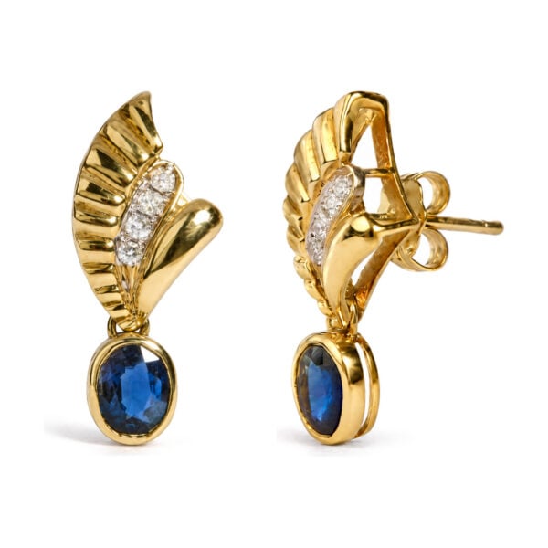 14K Yellow Gold Oval Sapphire and 1/8 Cttw Diamond Leaf Drop Earrings - alternate view 2