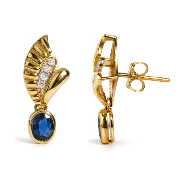 14K Yellow Gold Oval Sapphire and 1/8 Cttw Diamond Leaf Drop Earrings - alternate view 3
