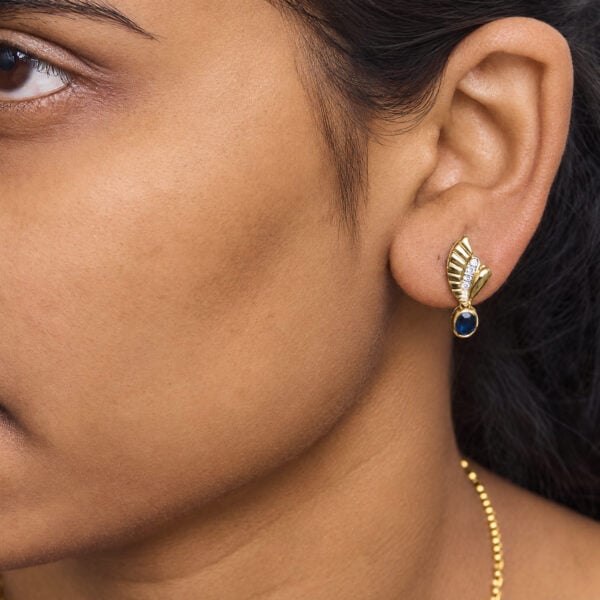 14K Yellow Gold Oval Sapphire and 1/8 Cttw Diamond Leaf Drop Earrings - alternate view 5