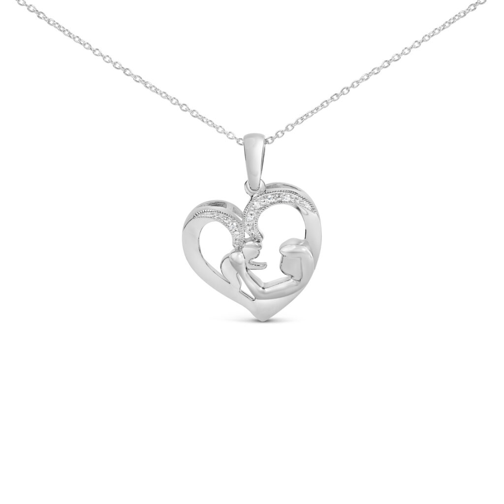 Sterling Silver Diamond Accent Mother and Child Open Heart Pendant Necklace
