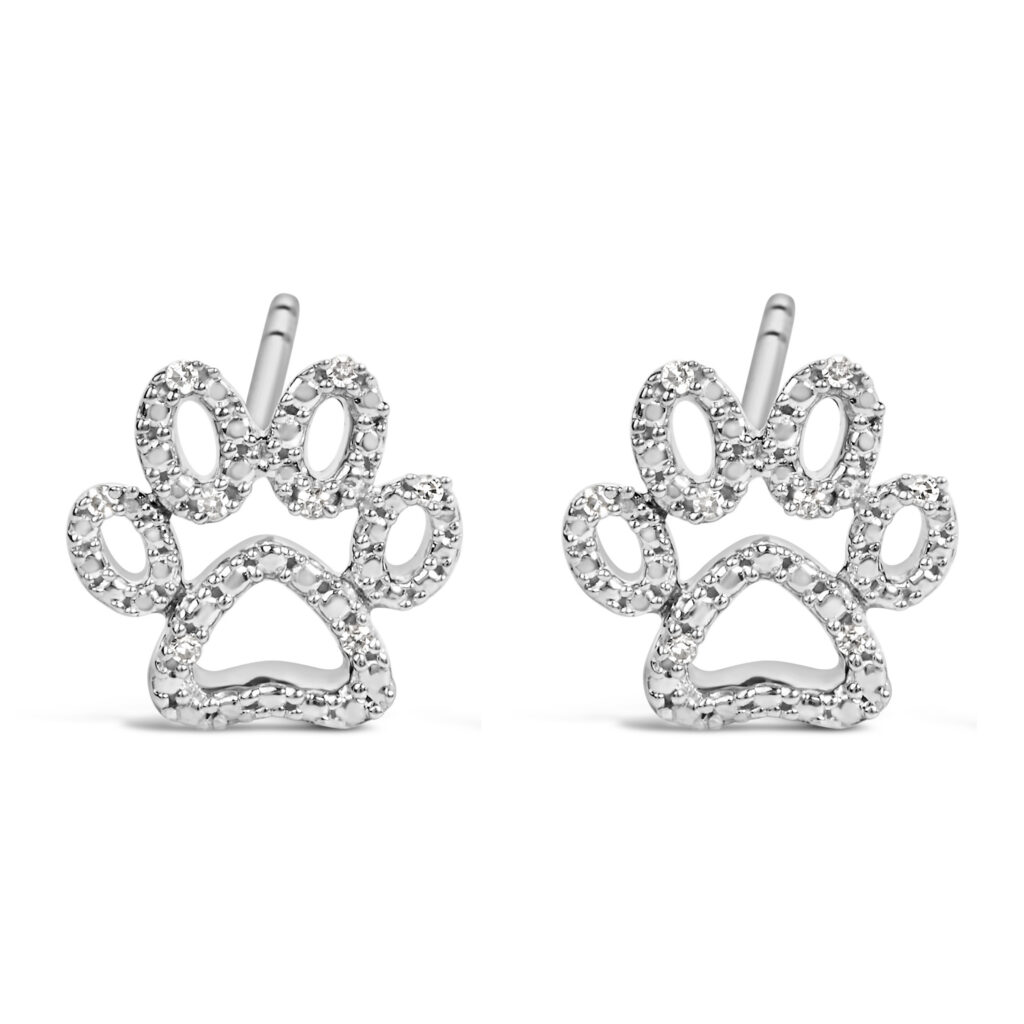 Sterling Silver Diamond Accent Openwork Dog Paw Print Stud Earrings