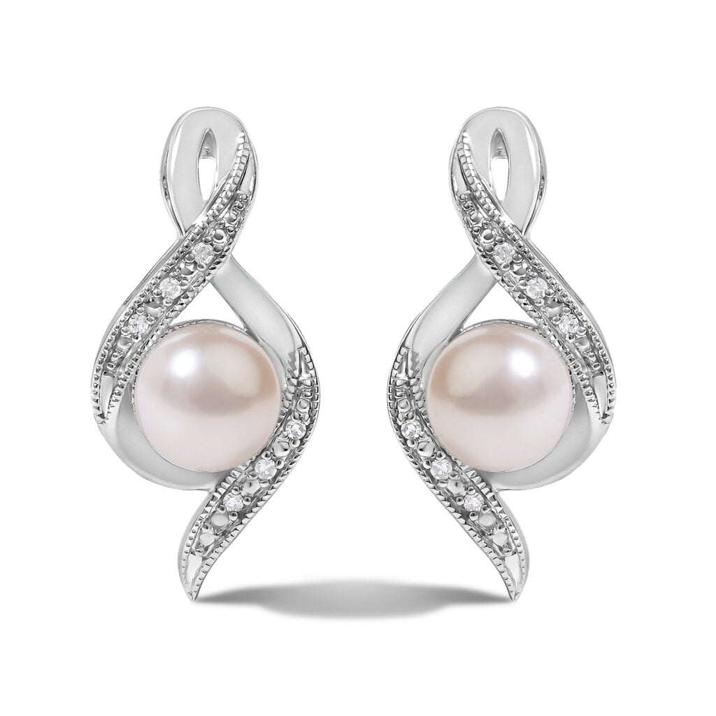 Sterling Silver White Freshwater Cultured Pearl and Diamond Accent Twist Stud Earrings
