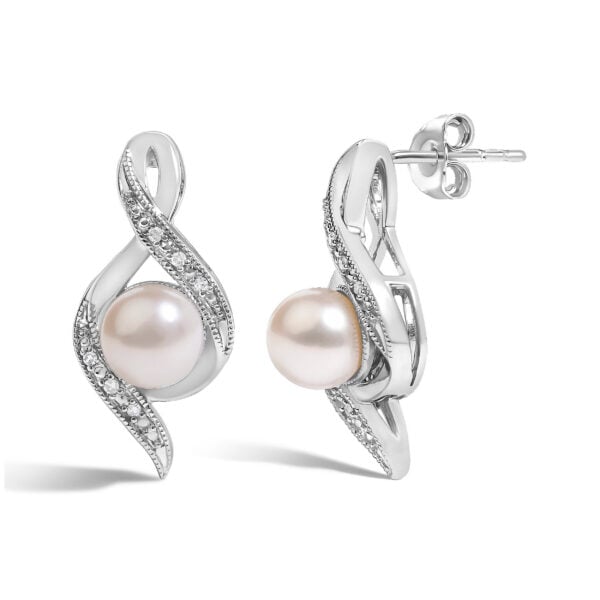 Sterling Silver White Freshwater Cultured Pearl and Diamond Accent Twist Stud Earrings - alternate view 2