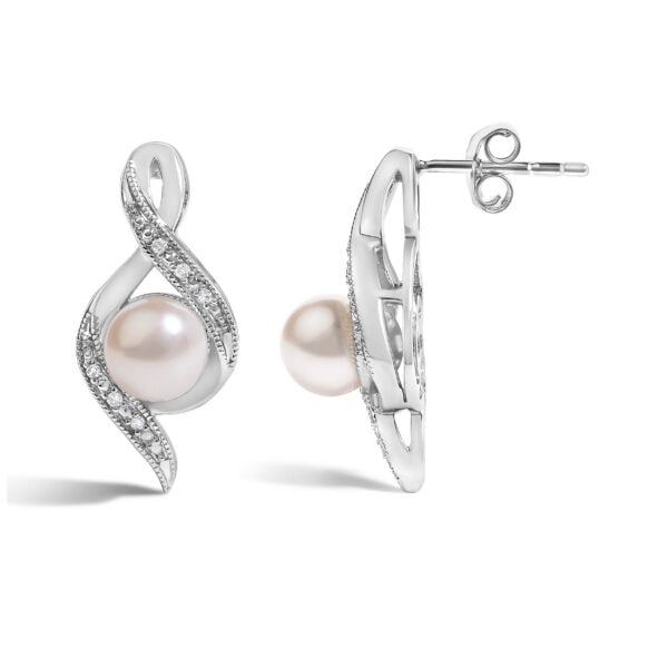 Sterling Silver White Freshwater Cultured Pearl and Diamond Accent Twist Stud Earrings - alternate view 3