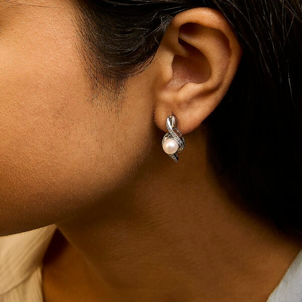 Sterling Silver White Freshwater Cultured Pearl and Diamond Accent Twist Stud Earrings - alternate view 5