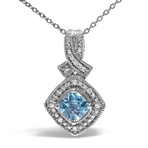 .925 Sterling Silver 5x5 mm Blue Topaz and Diamond Accent Cushion Pendant Necklace - alternate view 2