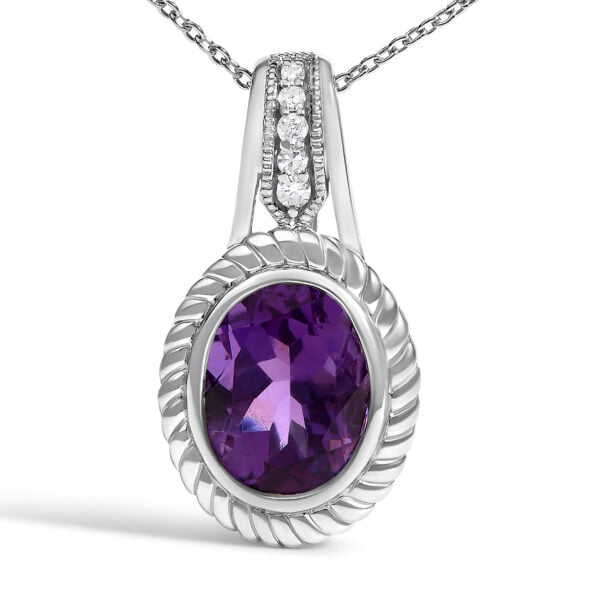 .925 Sterling Silver 10x8 mm Amethyst and Diamond Accent Oval Pendant Necklace - alternate view 2