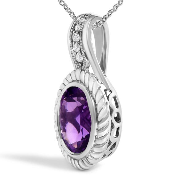 .925 Sterling Silver 10x8 mm Amethyst and Diamond Accent Oval Pendant Necklace - alternate view 3