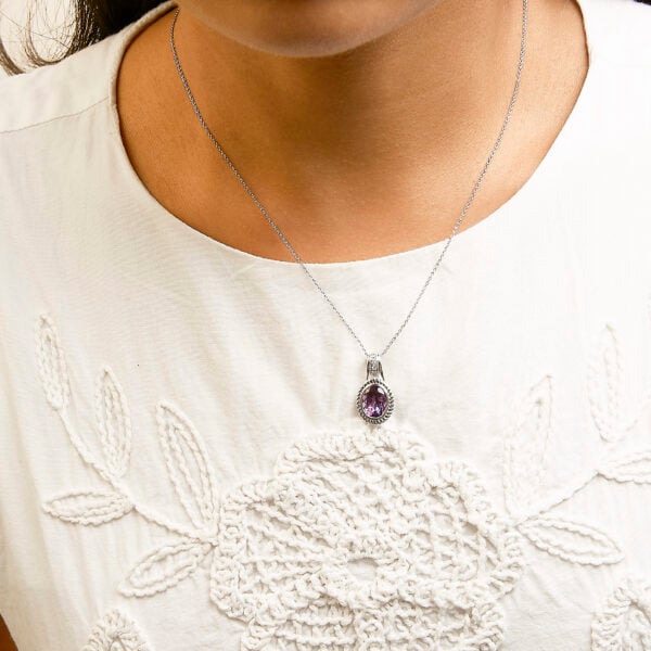 .925 Sterling Silver 10x8 mm Amethyst and Diamond Accent Oval Pendant Necklace - alternate view 5