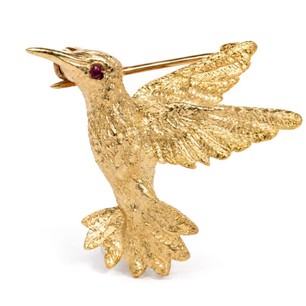 14K Yellow Gold Textured Hummingbird Brooch with Round Lab-Created Ruby Accent