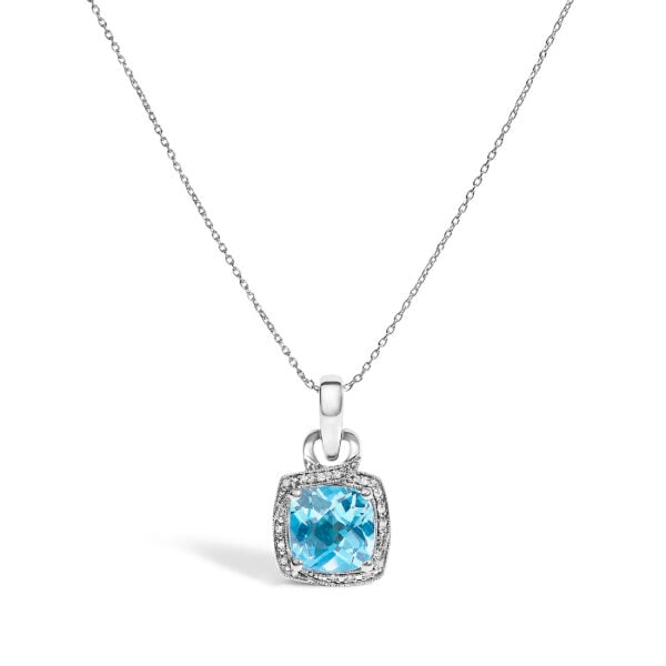 Sterling Silver Cushion-Cut Blue Topaz and Diamond Accent Milgrain Halo Pendant Necklace