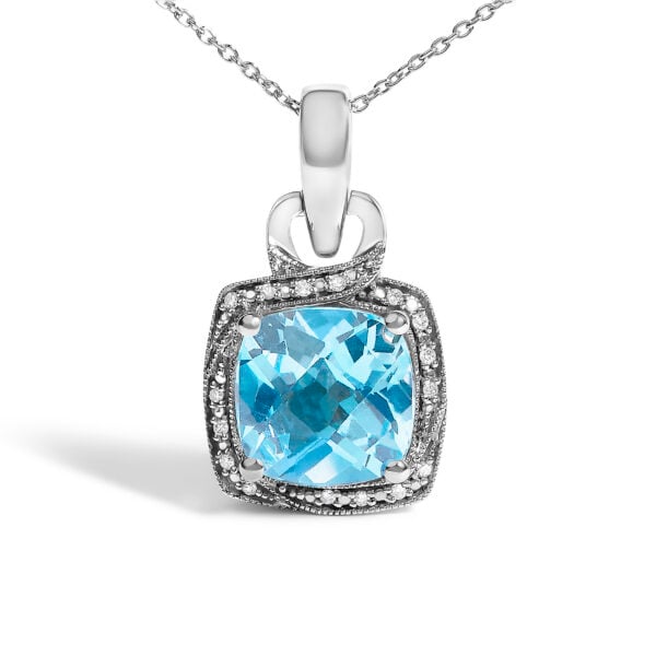 Sterling Silver Cushion-Cut Blue Topaz and Diamond Accent Milgrain Halo Pendant Necklace - alternate view 2