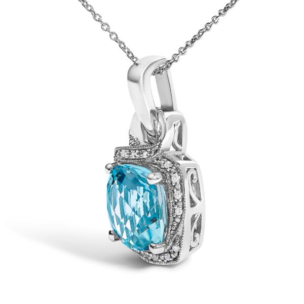 Sterling Silver Cushion-Cut Blue Topaz and Diamond Accent Milgrain Halo Pendant Necklace - alternate view 3