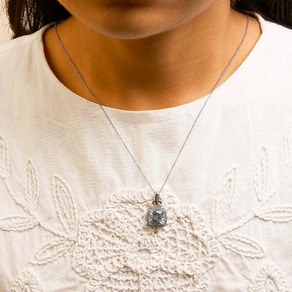 Sterling Silver Cushion-Cut Blue Topaz and Diamond Accent Milgrain Halo Pendant Necklace - alternate view 5
