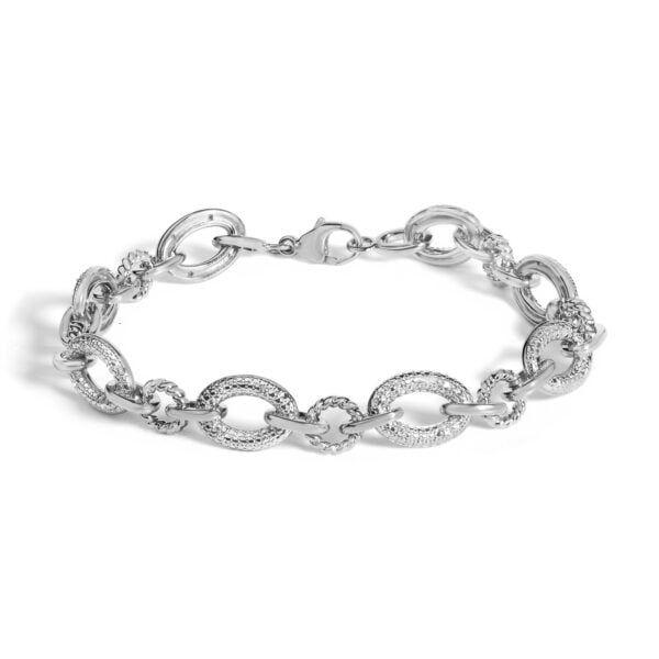 Sterling Silver Diamond Accent Oval Link Bracelet with Rope-Textured Links