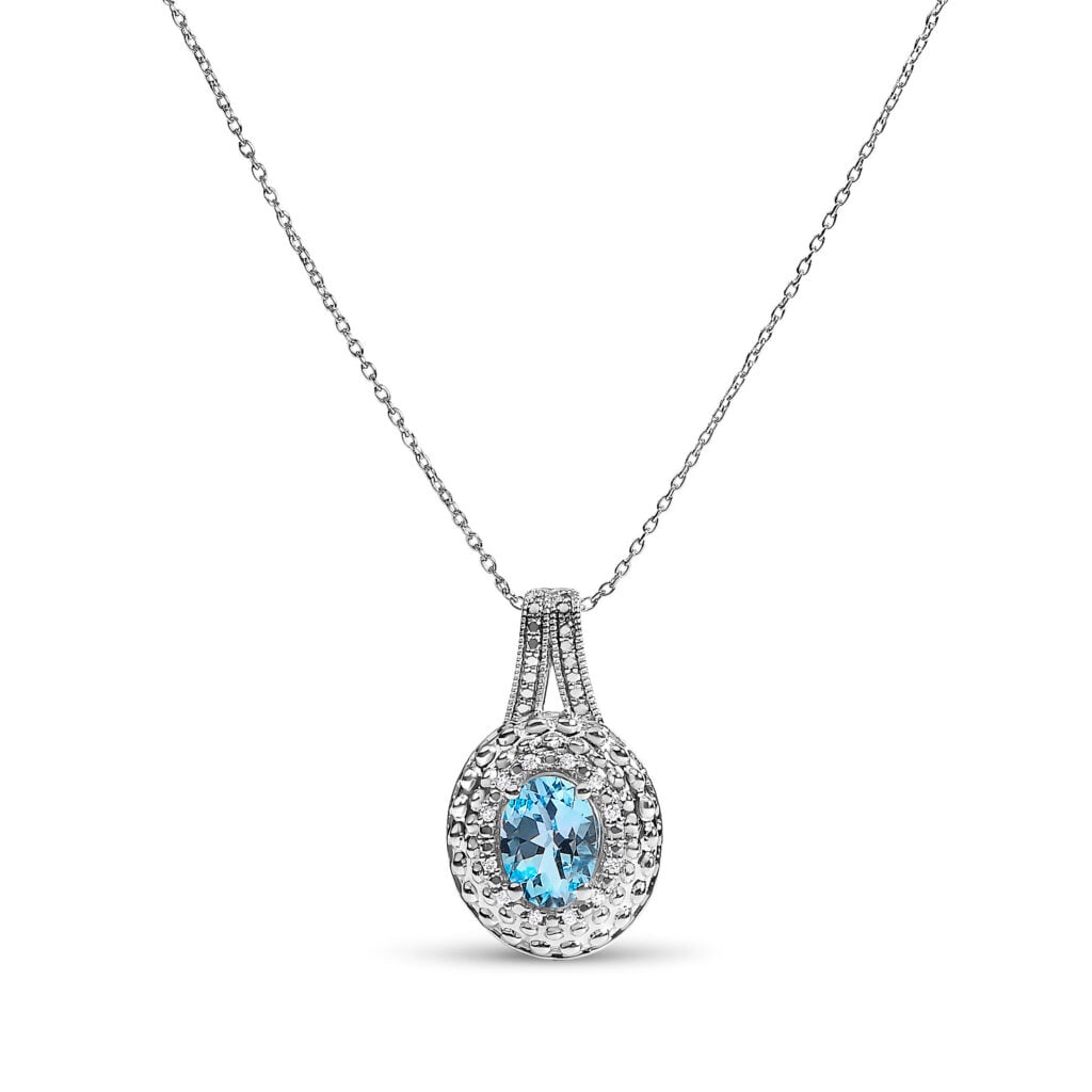 Sterling Silver Oval Blue Topaz and Diamond Accent Beaded Halo Pendant Necklace