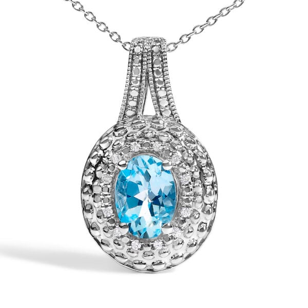 Sterling Silver Oval Blue Topaz and Diamond Accent Beaded Halo Pendant Necklace - alternate view 2