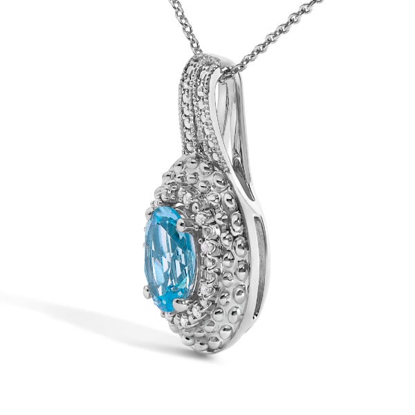Sterling Silver Oval Blue Topaz and Diamond Accent Beaded Halo Pendant Necklace - alternate view 3