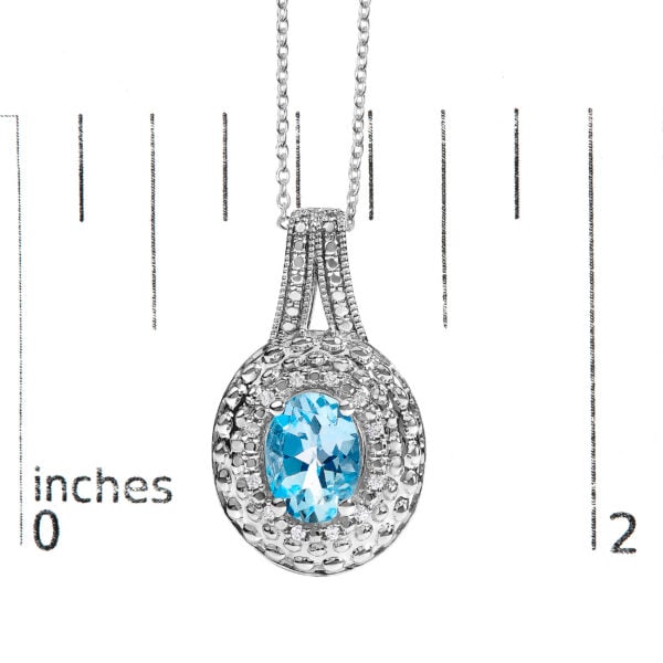 Sterling Silver Oval Blue Topaz and Diamond Accent Beaded Halo Pendant Necklace - alternate view 4