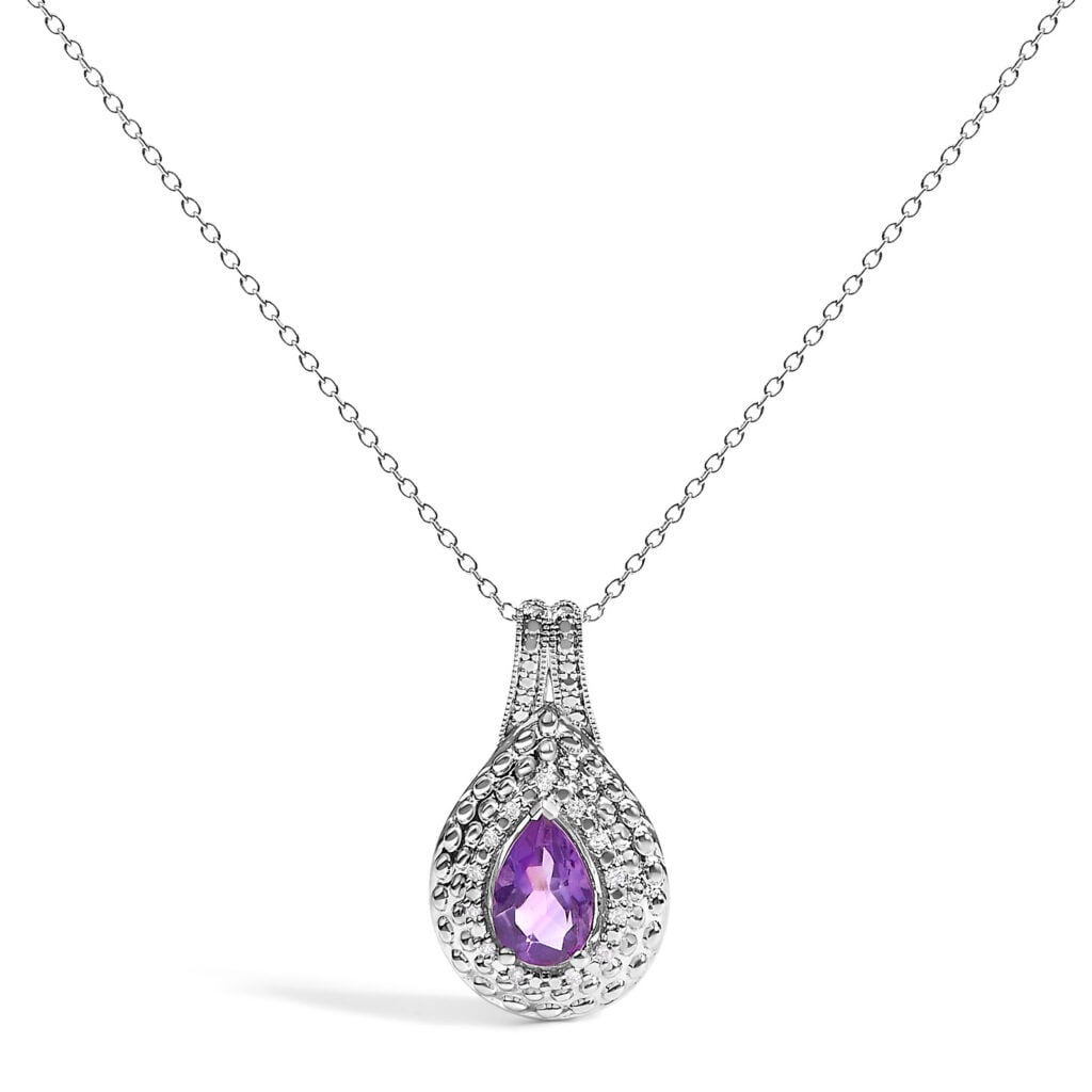 Sterling Silver Pear-Cut Purple Amethyst and Diamond Accent Beaded Teardrop Pendant Necklace