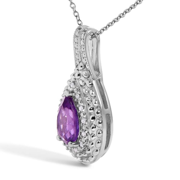 Sterling Silver Pear-Cut Purple Amethyst and Diamond Accent Beaded Teardrop Pendant Necklace - alternate view 2