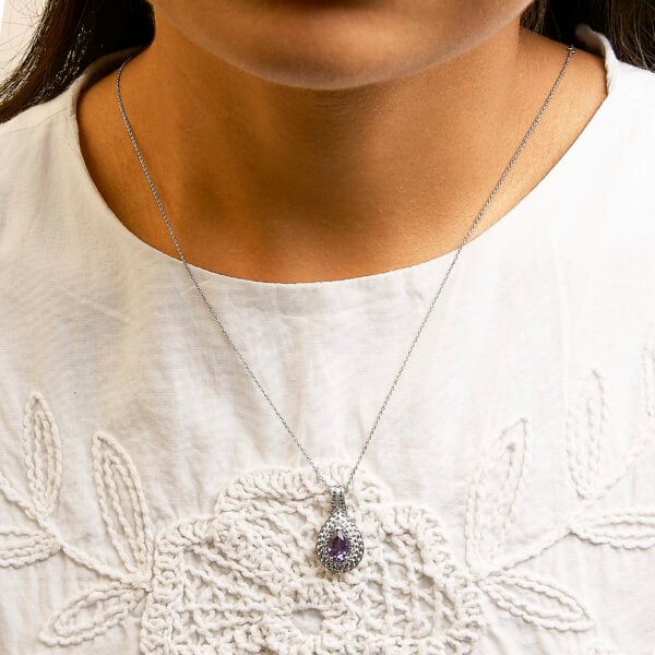 Sterling Silver Pear-Cut Purple Amethyst and Diamond Accent Beaded Teardrop Pendant Necklace - alternate view 5