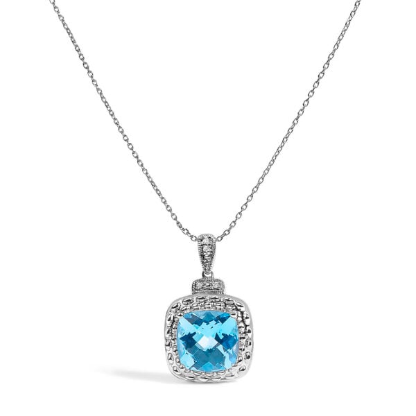 Sterling Silver Cushion-Cut Blue Topaz and Diamond Accent Beaded Halo Pendant Necklace