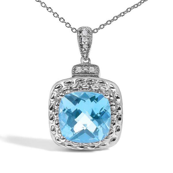 Sterling Silver Cushion-Cut Blue Topaz and Diamond Accent Beaded Halo Pendant Necklace - alternate view 2