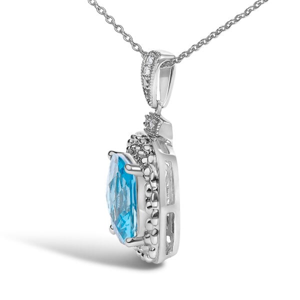 Sterling Silver Cushion-Cut Blue Topaz and Diamond Accent Beaded Halo Pendant Necklace - alternate view 3