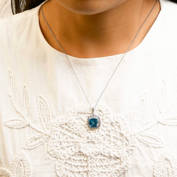 Sterling Silver Cushion-Cut Blue Topaz and Diamond Accent Beaded Halo Pendant Necklace - alternate view 5