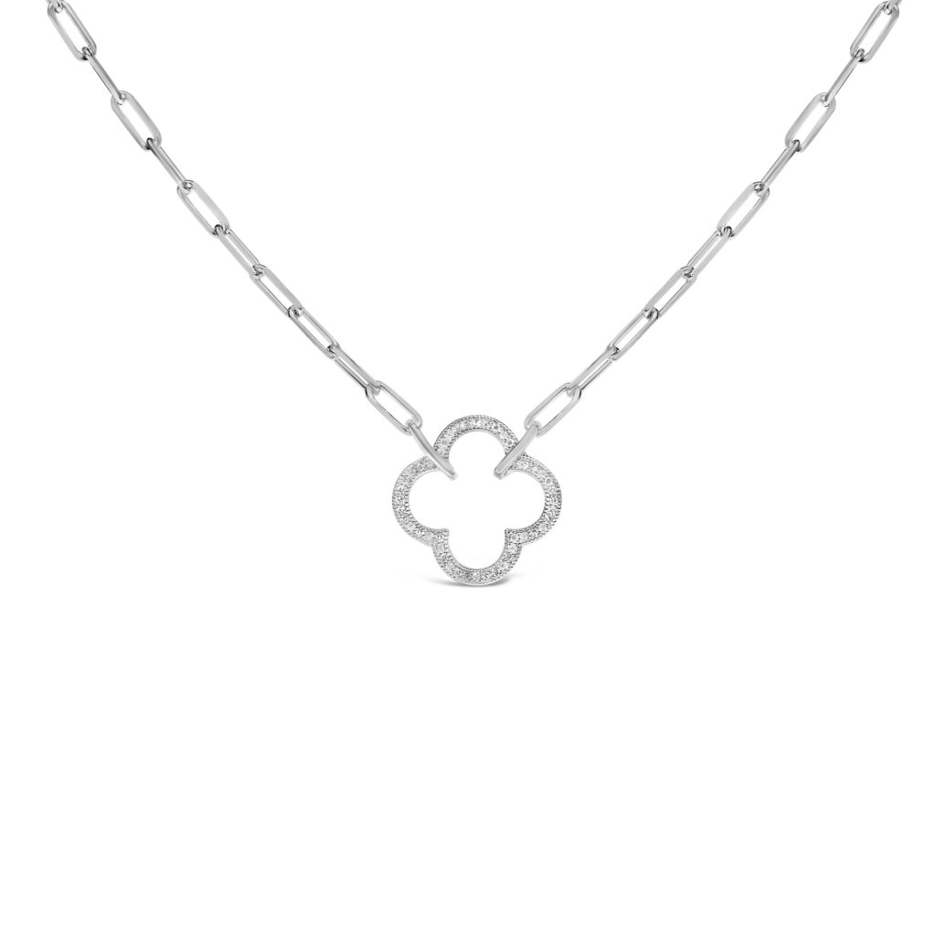 Sterling Silver Diamond Accent Open Clover Pendant Necklace with Paperclip Chain