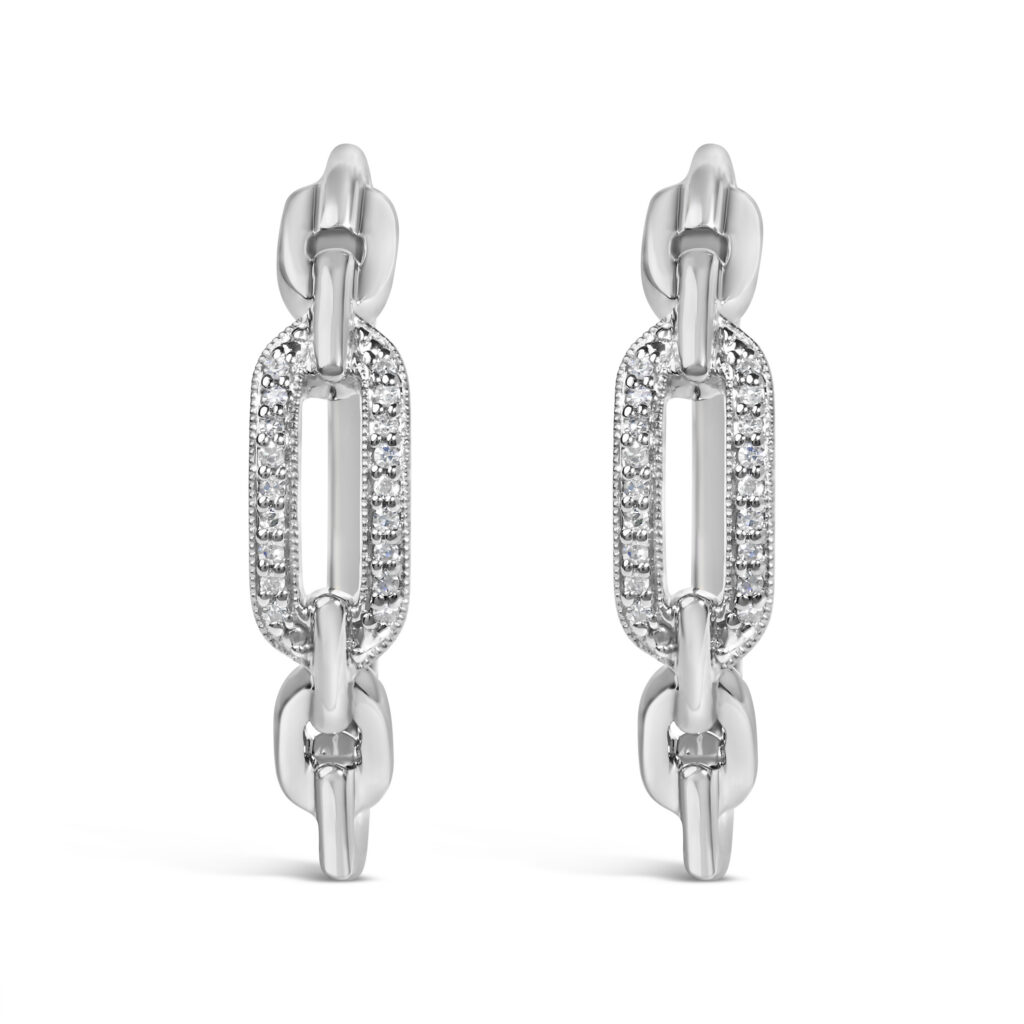 Sterling Silver 1/10 Cttw Round Pavé Diamond Paper Clip Link Hoop Earrings