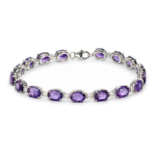 Sterling Silver Purple Amethyst Oval 7x5mm and Natural Diamond Accent Tennis Bracelet