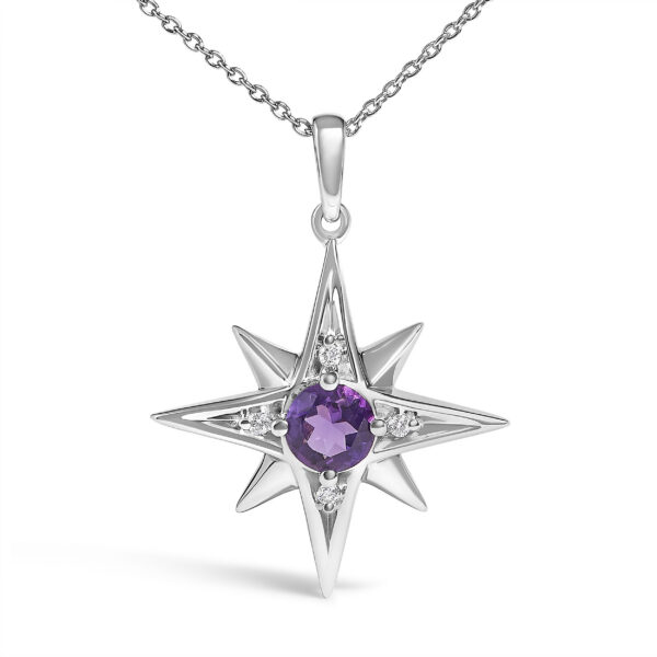 925 Sterling Silver Round Purple Amethyst and Diamond Accent Starburst Pendant Necklace - alternate view 2