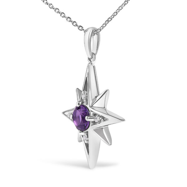 925 Sterling Silver Round Purple Amethyst and Diamond Accent Starburst Pendant Necklace - alternate view 3