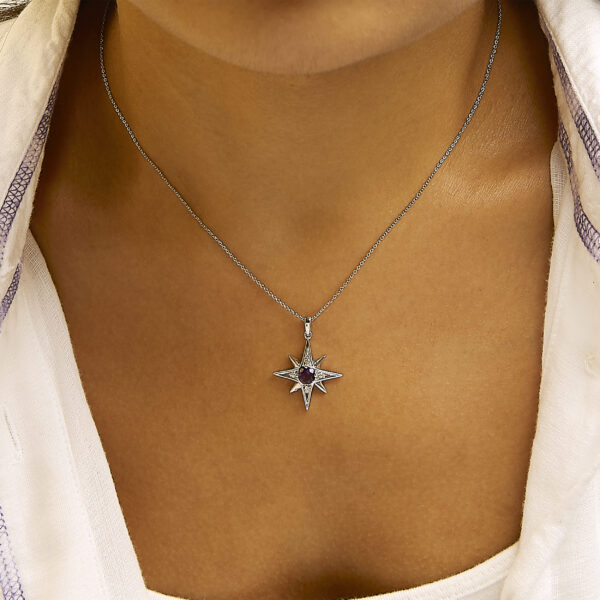925 Sterling Silver Round Purple Amethyst and Diamond Accent Starburst Pendant Necklace - alternate view 5